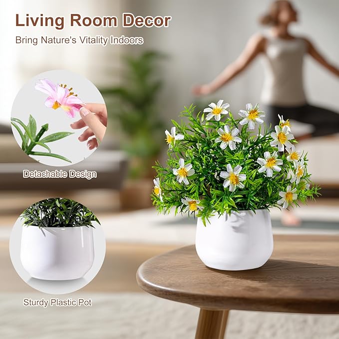 Yarmare 3 Pack Small Fake Plants Artificial Potted Flowers for Indoor Mini Faux Plants with Flowers Greenery for Home Decor Living Room Bathroom Bedroom Office Table Shelf (White+Yellow+Purple)