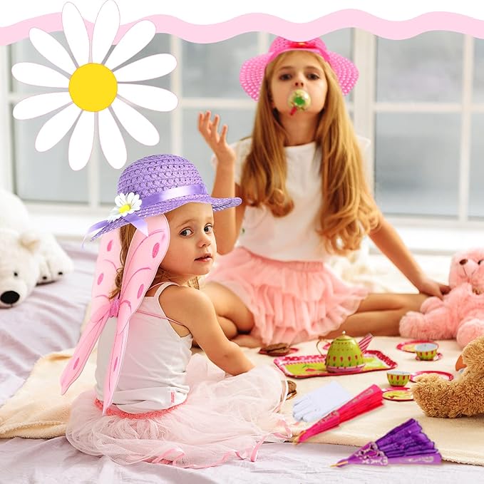 10 Pcs Girls Tea Party Set Includes Tea Party Hats Bonnets Fan Gloves Small Pink Purse Feather Boas Dress up Sets for Little Girls Kids Children Birthdays Easter Party Supplies Accessories