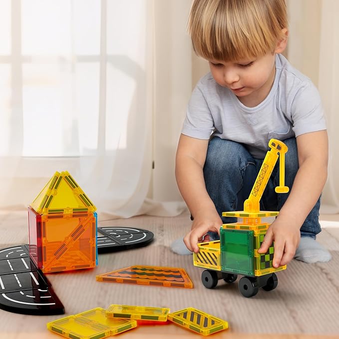 Magnetic Tiles Car Set Truck Kit Toy with Stronger Magnets, Educational Magnet Cars with Re-Enforced Hitch and Long Bed for Girls Boys Toddler Ages 3+ (50 PCS Builder)