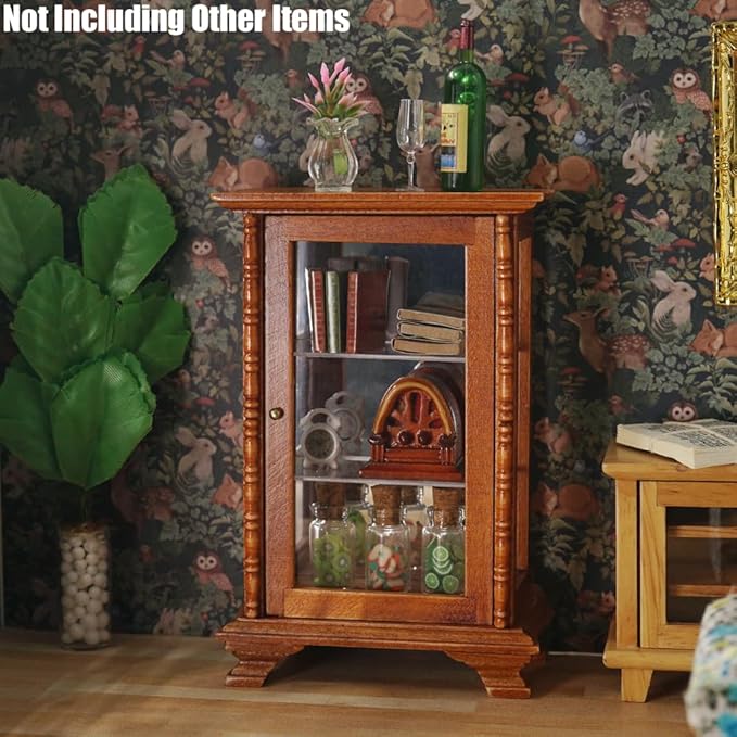 Odoria Dollhouse Display Cabinet Miniature: 1/12 Scale Mirrored Storage for Vintage Living Room - Mini Brown Curio Cabinets - Tiny Wood Furniture