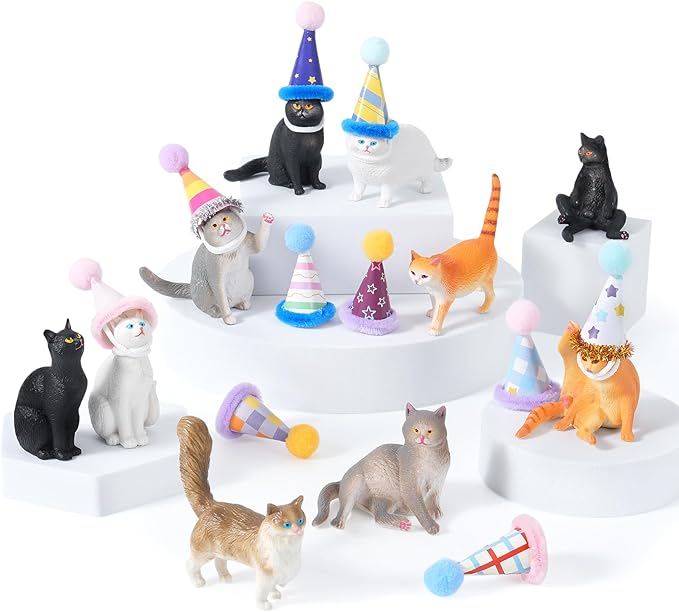 20 Pcs Miniature Cat Figurines with Birthday Hats Kit, Resin Tiny Cat Figurines Cake Toppers for Birthday Cat Cake Party Decorations