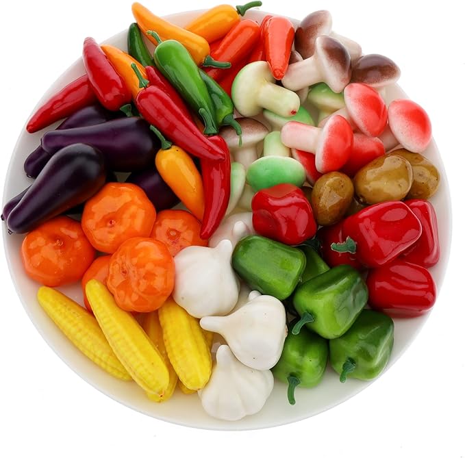 Gresorth 70 PCS Fake MINI Vegetables Artificial Garlic, Corn, Pepper, Pumpkin, Carrot, Potato, Eggplant ……