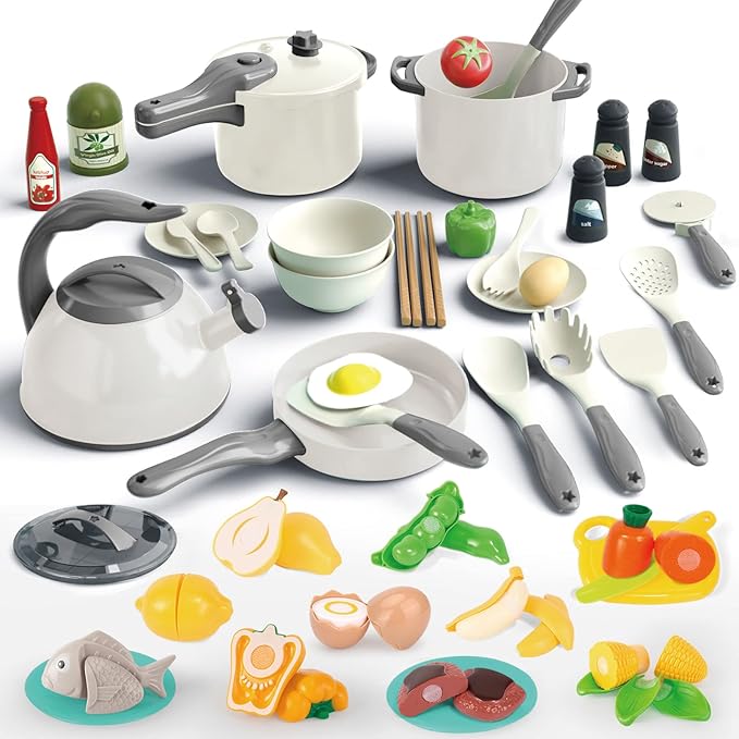 Bruvoalon 67Pcs Kids Play Kitchen Toys Set, Toddlers Pretend Cooking Playset Acccessories with Pots Pans, Utensils Cookware, Foods, Canned Veges, Learning Gift for Kids Girls Boys (White)