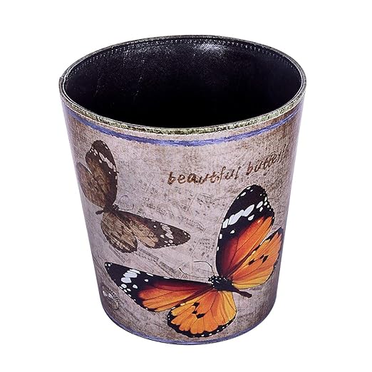 Scakbyer 10L/2.64 Gallon Trash Can, Decorative Waste Basket, PU Leather Waste Paper Basket, Waterproof Garbage Can for Bathroom, Bedroom, Office, Kitchen and Living Room - Orange and Black Butterfly