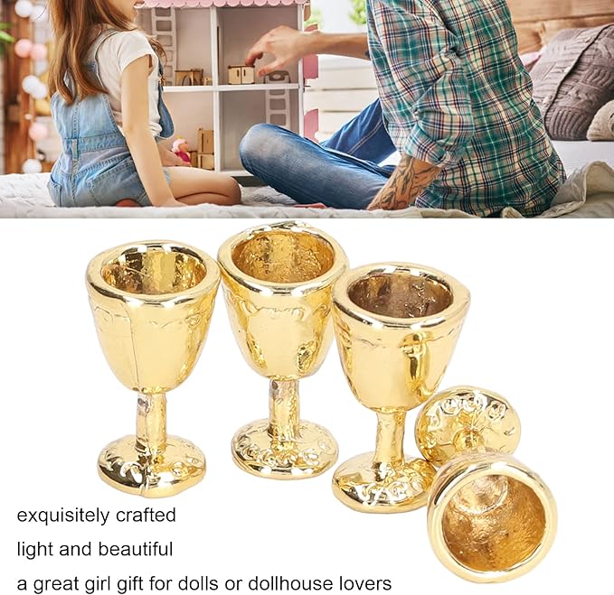 4Pcs Miniature Champagne Wine Glas, Mini Bottles Dollhouse Champagne Set Simulation Miniature Glasses Cups for 1:12 Accessories (4 Gold)