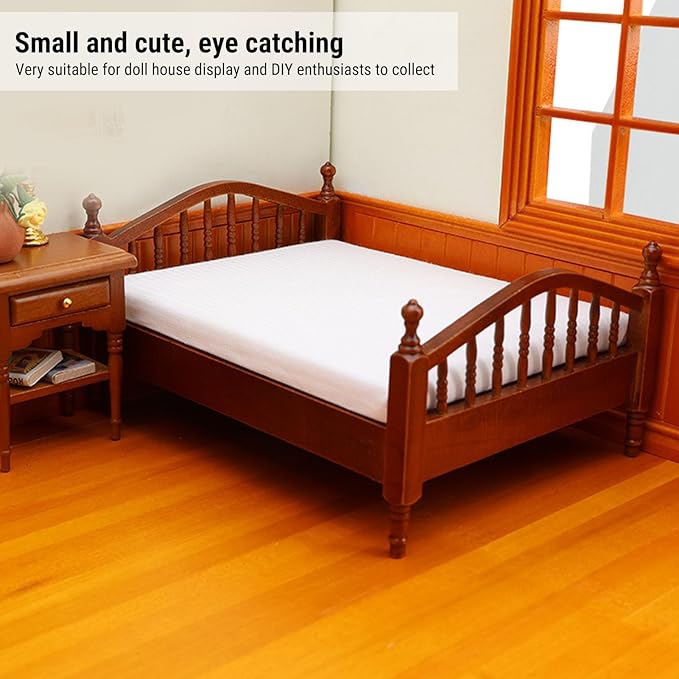 Diydeg Wooden Doll House Bed, 1: 12 Scale Dollhouse Miniature Furniture Vintage Wooden Bed with Bedding, DIY Scene Doll Home Furniture Craft Accessoreis