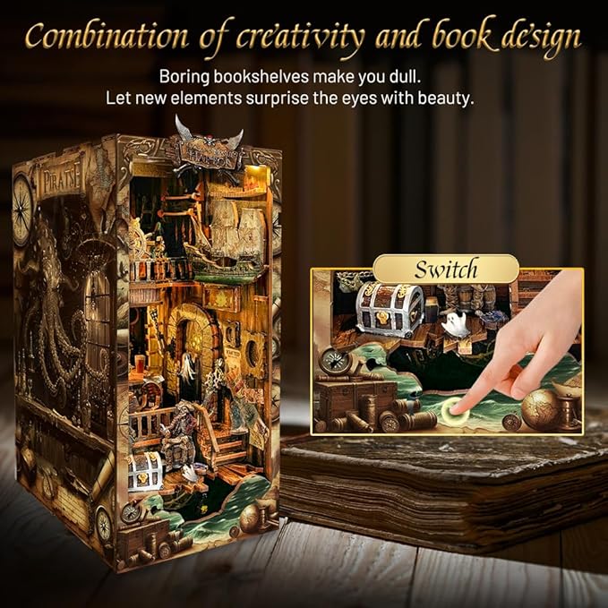 STRUCWOOD DIY Book Nook Kit - Pirate 3D Wooden Miniature Puzzles with LED Light Dollhouse Model Craft Kits for Adults Bookshelf Insert Decor Gifts for Adults - New World Ship (SQ-36)