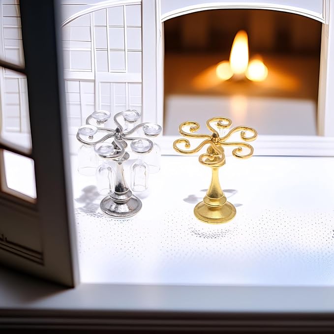 1:12 Scale Miniature Wine Glass Set with Metal Rack (Gold/Silver), 6 Clear Goblets, Elegant Dollhouse Dining Room & Bar Accessory for Collectors (Silver)
