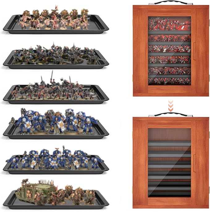 Miniature Storage Case for Collectibles, Miniature Display Cases with Magnetic Door and 6 Trays, Clear View Miniatures Transport Case (Brown)