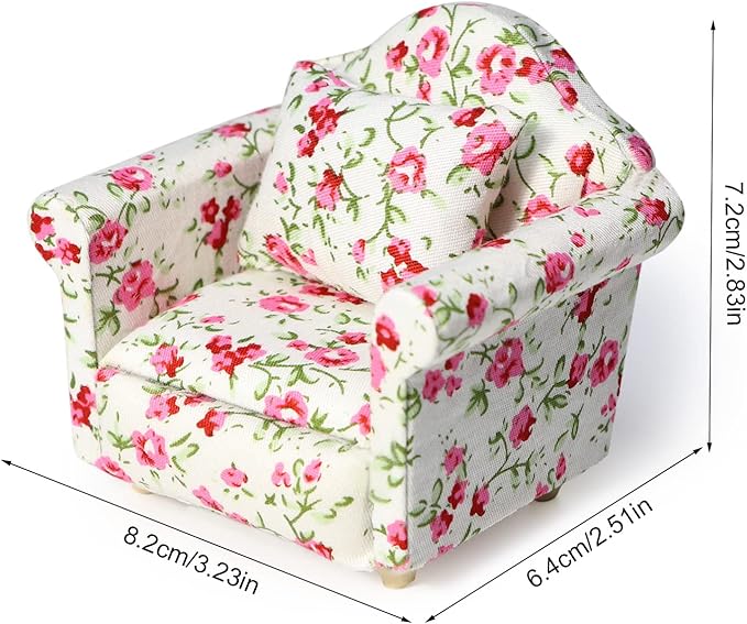 Dollhouse Couch with Pillow 1 12 Scale Miniature Sofa Arm Chair Living Room Furniture Wooden Fabric Frame Single Reading Chair Artificial House Room Scene Decoration (Rose Floral)