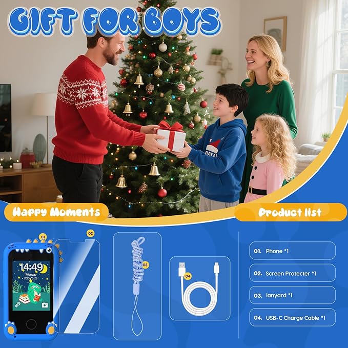 Kids Smart Phone Toys for Boys,Christmas Birthday Gifts for Girls Age 3-10 Kids Cell Phone Toys with 2.8" Touchscreen 20 Learning Games Dual Camera Music Player, 8G SD Card