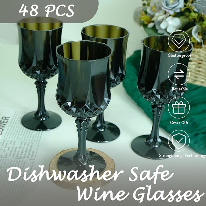 LEYIQU Plastic Wine Glasses, Plastic Goblets Vintage Style Cordial Drinking Glasses for Valentine’s Day, Wedding Reception, Grand Event Party Supplies (48, Black)