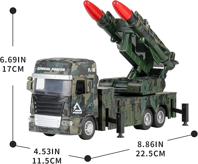 Military Toys for Boys, Army Vehicle Toys with Rotatable Turret, Missile Truck with Light & Sound, Pull Back Army Truck Gift for 3 4 5 6 7 8 Year Old Boys