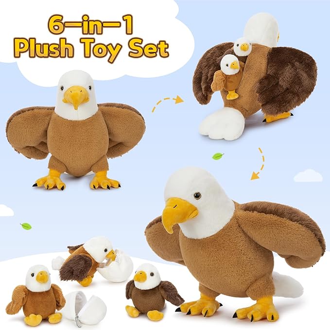 6Pcs Bald Eagle Plush Toy, Mother Eagle Stuffed Animal with 3 Baby Eagles & 2 Eggs, 16" Cute Soft Stuffed Hawk Plushie for Girls Boys Kids, Christmas Birthday Gift for Bird Lovers