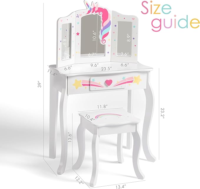 Spirich Kids Vanity, Girls Vanity Set with Mirror and Stool and Lights, Kids Vanity Table and Chair Set, Wooden Princess Makeup Desk Dressing Table