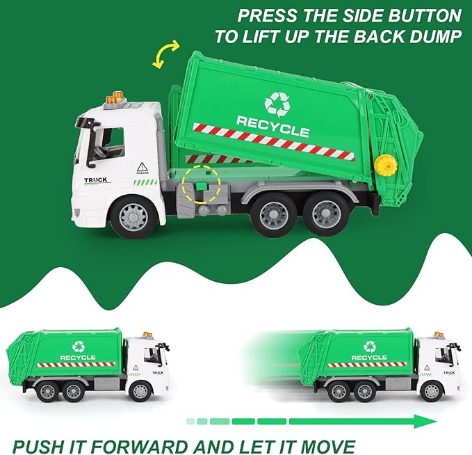 11.8" Mini Garbage Truck Toy, Trash Truck Toy with Dumping Function, Friction Powered, Sound and Lights for Age 3-7 Years Old Boys Girls Birthday Gifts