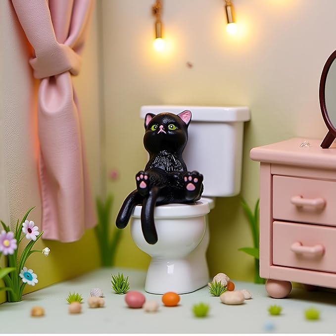 Czhotg Black Cat Toilet Figurine - Garden Ornament, Desktop Decor and Landscaping Accessories (2.5" Mini Statue)