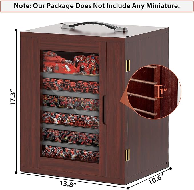 Miniature Storage Case for Collectibles, Miniature Display Cases with Magnetic Door and 6 Trays, Clear View Miniatures Transport Case (Mahogany)
