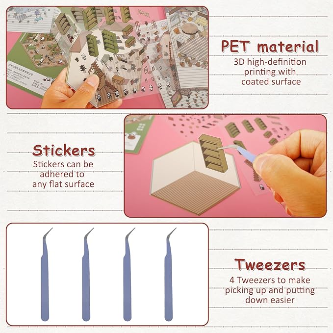 DIY 3D House Sticker, Creative 3D Stickers Scene, Fun 3D House Sticker Set, Decorative 3D Room Sticker, Cartoon 3D Miniature Scene Stickers for Adults Kids to Make Your Own Mini Room Scenes (Set 3)