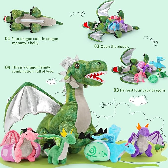 7Pcs Giant Green Dragon Plush Toy Set, 21.7" Big Mother Dragon Stuffed Animal with 4 Babies & 2 Eggs, Stuffed Dinosaurs for Kids Boys Girls, Cute Soft Plushies Gift for Birthday Christmas