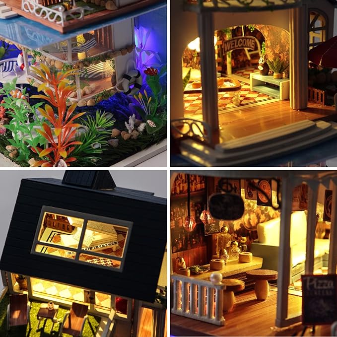 GuDoQi DIY Miniature Dollhouse Kit, Tiny House kit with Furniture and Dust Proof, Miniature House Kit 1:24 Scale Beachside Bungalow, Great Handmade Crafts Gift for Birthday Christmas Day