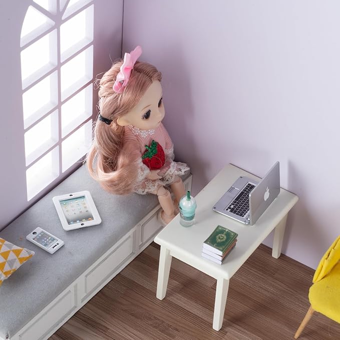 12Pcs Dollhouse Miniature Laptop Computer Tablet Phone Lamp Book Glasses Coffee Headset Simulation Accessories 1/12 1/6 Toy Pad Play Set Fits Barbie Doll Girl Mini Drink Party Office (Bule)