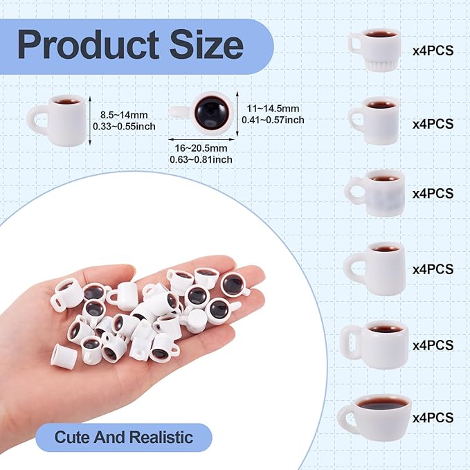 Cheriswelry 24Pcs Mini Resin Coffee Cups Decoration Miniature Coffee Mug Dollhouse Accessories 8.5-14mm for Kitchen Play Party Tableware Desktop Decor