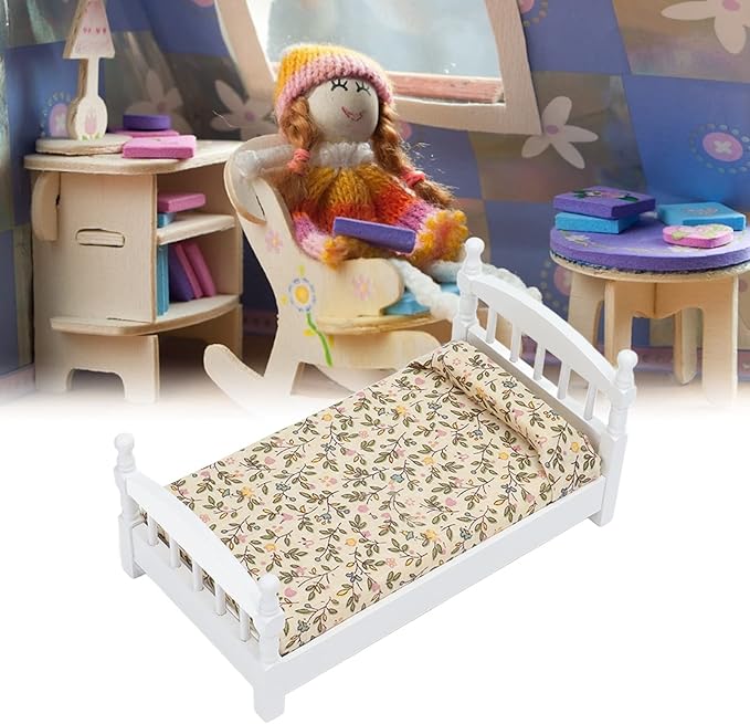 Wooden Doll House Bed 1: 12 Scale Miniature Bedroom Furniture Set with Mattress Pillows
