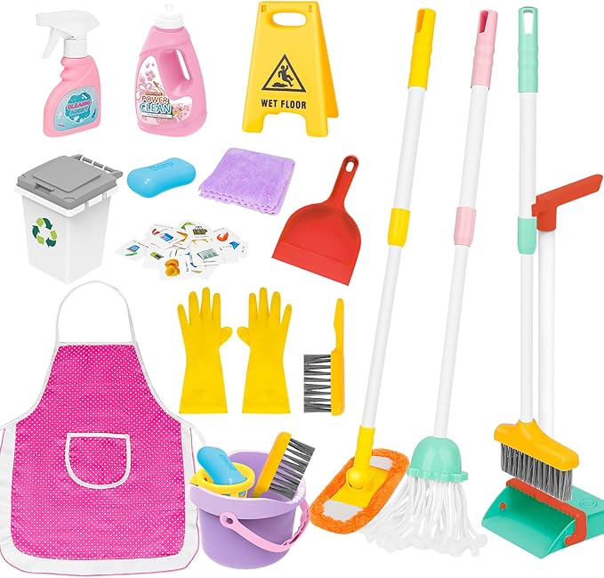 deAO Kids Cleaning Set 17 Pcs,Toy Cleaning Set Includes Broom,Mop,Brush,Dust Pan,Duster,Sponge,Clothes,Spray, Bucket, Caution Sign,Pretend Housekeeping Play Set