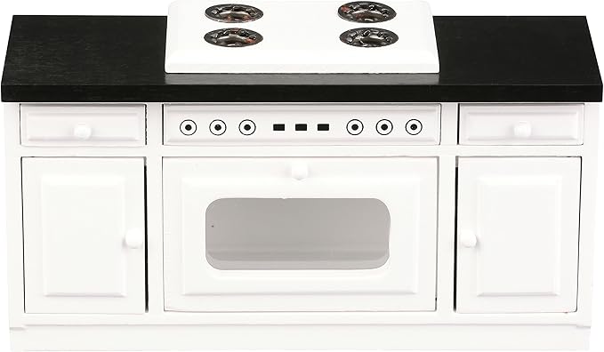 Wooden Dollhouse Kitchen Stove, Miniature Dolls House Oven, Four Burners, Range, Cabinet, 1/12 Scale, White Farmhouse