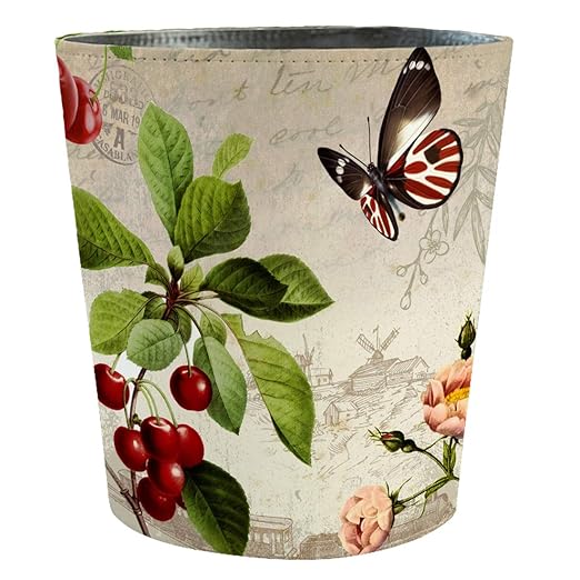 Scakbyer 10L/2.64 Gallon Trash Can, Decorative Waste Basket, PU Leather Waste Paper Basket, Waterproof Garbage Can for Bathroom, Bedroom, Office, Kitchen and Living Room - Butterfly Four-Leaf Flower