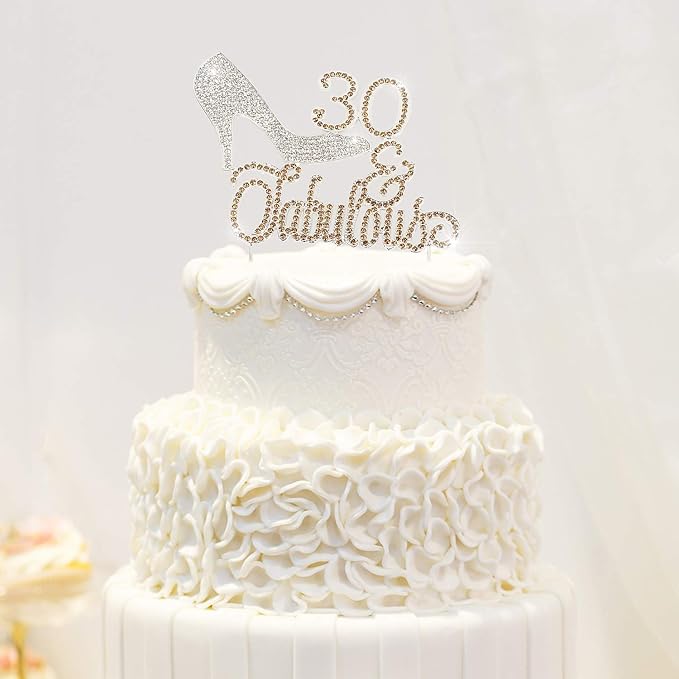 LINGTEER 30 Fabulous High Heel Silver Rhinestone Crystal Cake Topper Perfect for 30th Birthday Anniversary Party Keepsake Sparkle Decoration