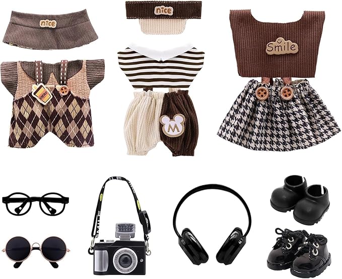 3-Pack Clothes Set Designed for Labubu Clothes with Accessories Set, Doll Clothes Set with Glasses, Sunglasses, Black Leather Shoes, Headphones, Camera Accessories for Labubu - Style D