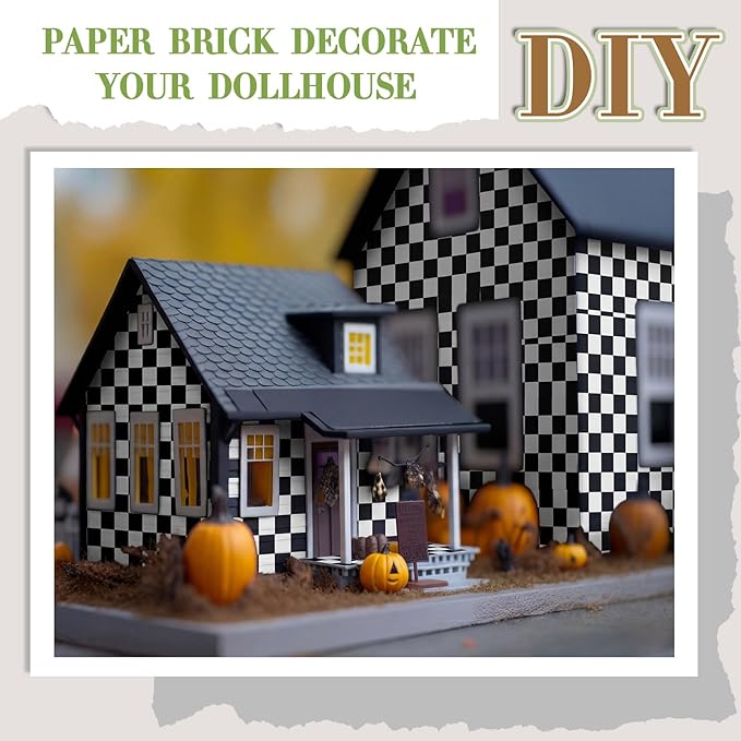 Flutesan 12 Pcs Miniature Dollhouse Wallpaper and Flooring Peel and Stick Mini DIY Self Adhesive Dollhouse Accessories 8.27 x 11.69 Inch (Check Pattern)