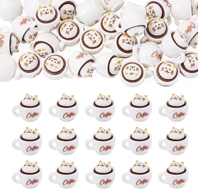 Cheriswelry 35Pcs Mini Resin Coffee Cups Food Drinks Miniature Dollhouse Accessories Cute Cat Coffee Mug Ornament 17.5x23mm for Kitchen Play Tableware Party Decoration