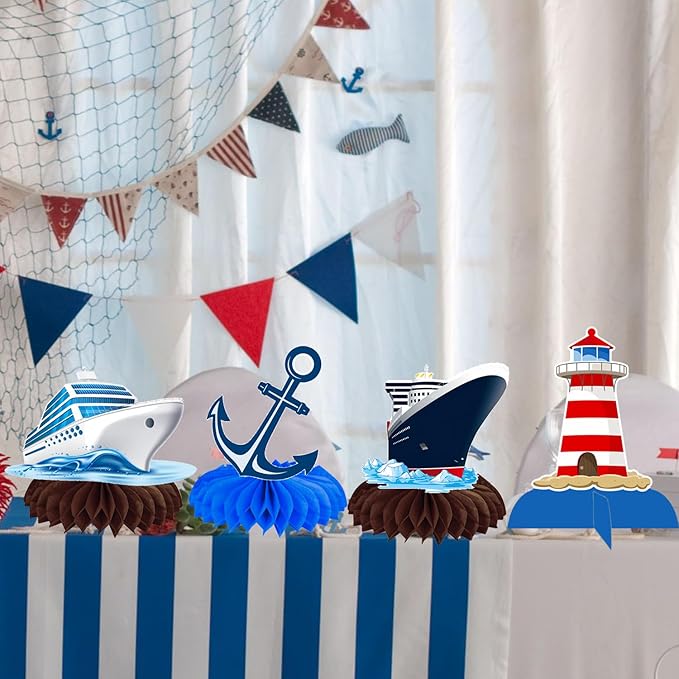 Nautical Ship Honeycomb Centerpieces 12Pcs Nautical Party Table Decorations Lighthouse Anchor Centerpieces Iceberg Sailor Birthday Party Decorations for Sailing Theme Party Supplies