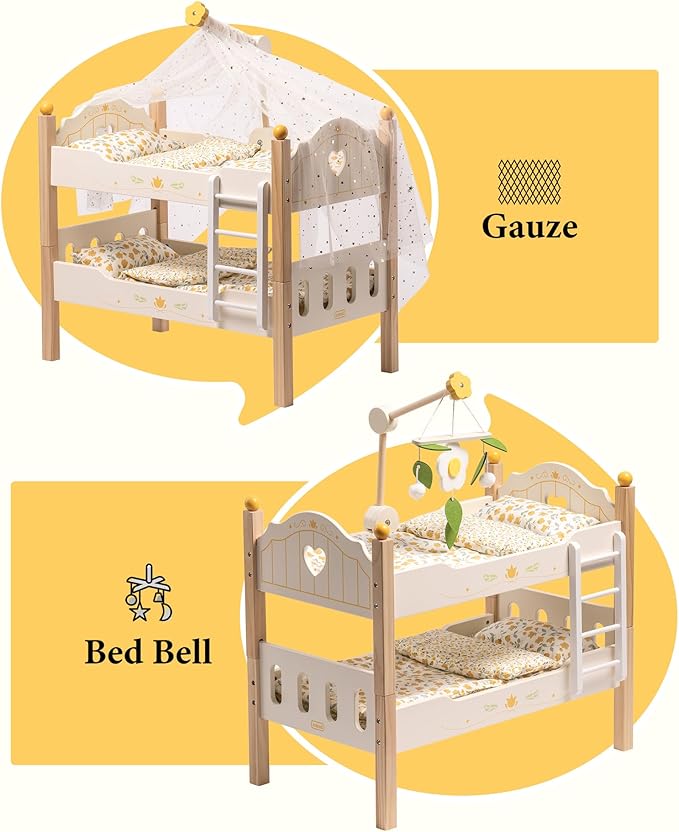 ROBUD Baby Doll Crib, Wooden Baby Doll Beds for 20 Inch Dolls, Baby Doll Bunk Beds with Tulle, American Girl Doll Bed for Gifts, WRP12
