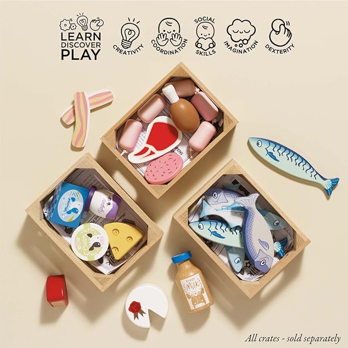 Le Toy Van - Educational Wooden Honeybee Market Baker's Basket Crate | Wood Play Food | Supermarket Pretend Play Shop Food