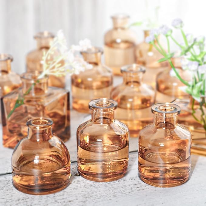 Small Mini Flower Vases - Set of 20 Amber Glass Bud Vases - Vintage Rustic Centerpieces for Weddings, Events & Home Décor - Premium Quality, Timeless Designs