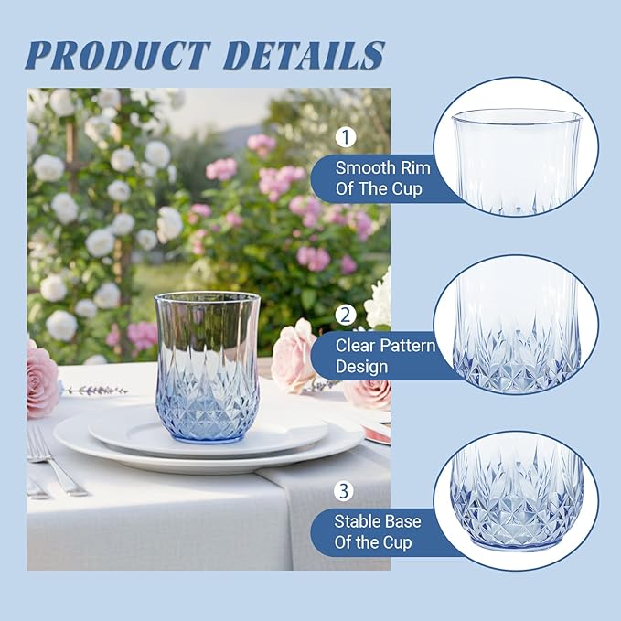 LEYIQU Stemless Wine Glasses, Plastic Reusable Cups Vintage Drinking Glasses Tumblers, Valentine’s Day Gifts for Couples, for Whisky, Beer, Juice, Beverages, Cocktai (40, 12oz-Blue)