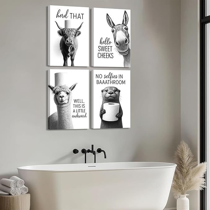 Funny Bathroom Wall Art Set of 4 Black and White Bathroom Wall Decor Toilet Paper Pictures Cute Humorous Animal Posters Prints Toilet Signs Painting Artwork Decoration 8x10in