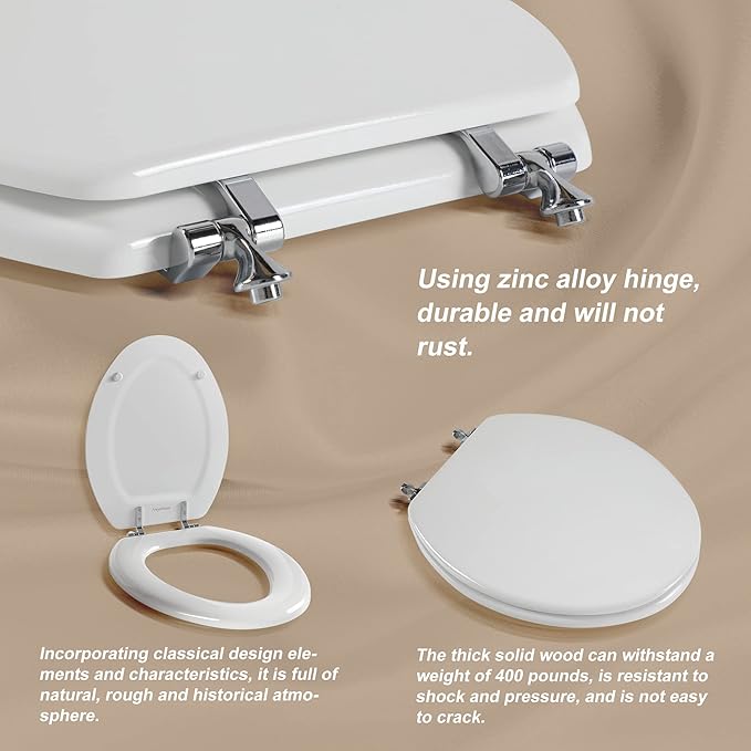 Elongated White Toilet Seat Natural Wood Toilet Seat with Zinc Alloy Hinges, Easy to Install also Easy to Clean, Scratch Resistant by Angol Shiold (Elongated, White)