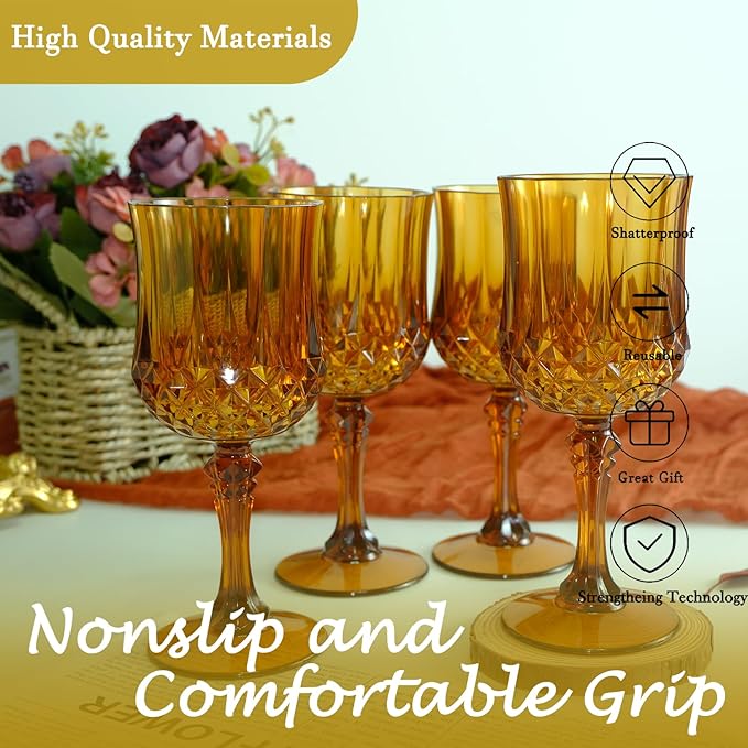 LEYIQU Plastic Wine Glasses, Plastic Goblets Vintage Style Cordial Drinking Glasses for Valentine’s Day, Wedding Reception, Grand Event Party Supplies (48, Amber)