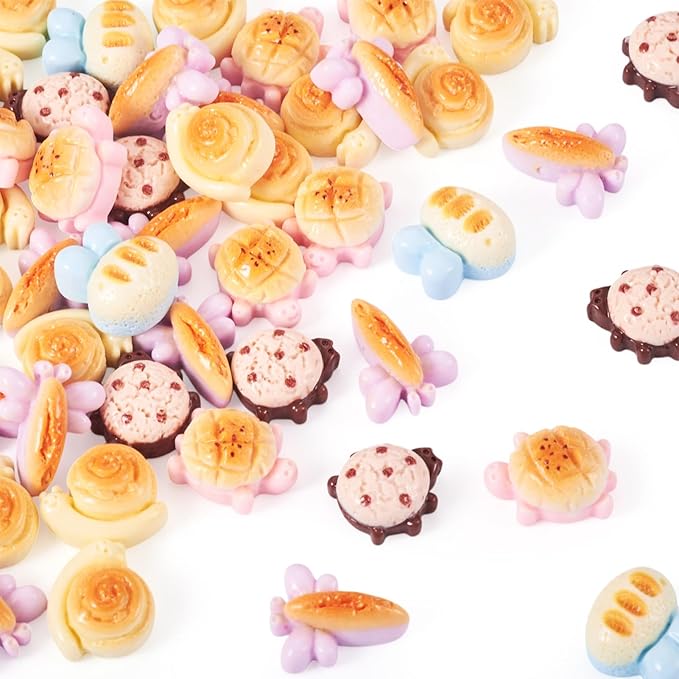 50Pcs Mini Resin Breads for Dollhouse Animal Shaped Food Cabochons Turtle Ladybug Snail Bee Dragonfly Mini Food Accessories for Micro Kitchen Garden Landscape Decoration