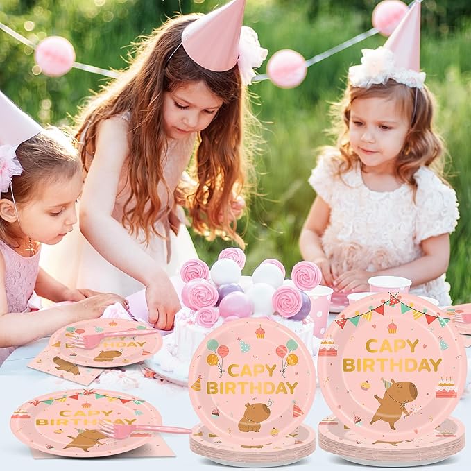 96 Pcs Pink Capy Birthday Party Decorations Cute Cartoon Capy Paper Tableware Set Pink Animals Theme Disposable Plates Napkins Forks for Kids Birthday Baby Shower Animal Party Supplies Serve 24 Guests
