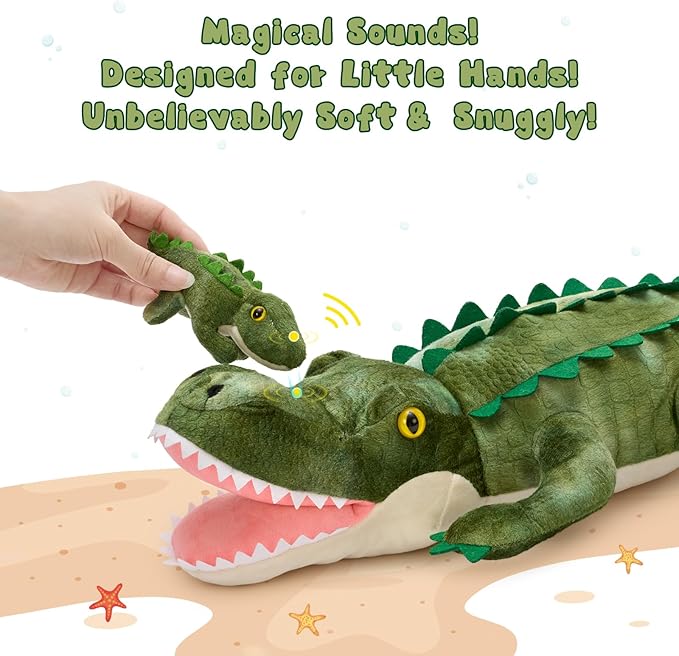 7Pcs Sound Alligator Plush Toy, 23.6" Talking Mother Crocodile Stuffed Animal with 3 Baby Alligators & 3 Eggs, Stuffed Educational Zoo Animals for Kids, Safari Plushies Gift for Christmas
