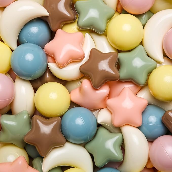 GOGOSO Ball Pit Balls Stars Moon Shapes Plastic Pitballs for Toddler Play Tent Baby Photo Props Kids Pool Water Toys Kiddie Pool Party Decor,Pink Blue Coffee,100pcs