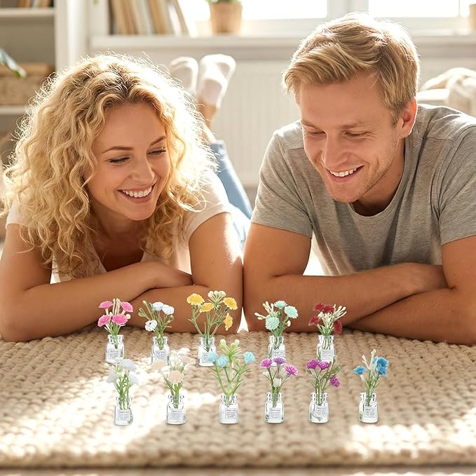 10 Pcs Dollhouse Miniatures Flowers Plants, 1:12 Tiny Small Glow in The Dark Glass Vase Flowers Plant House Decor, Faux Flower Model Miniature Dollhouse Accessories for Tiny Houses