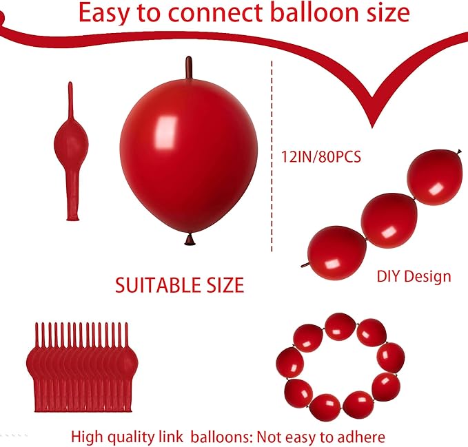 ADIDO EVA Link Balloons Dark Red 12 Inch Latex Quick Linkale Balloon 80 Pcs for Birthday, Halloween, Christmas, Party Festival Decorations