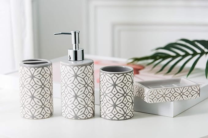 Wodlo - Groovy Bathroom Accessories Set - Complete Bath Accessory Sets Includes Soap Dispenser, Toothbrush Holder, Tumbler, Soap Dish,